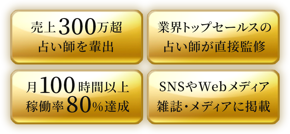 売上300万超占い師を輩出・業界トップセールスの占い師が直接監修・月100時間以上 稼働率80%達成・SNSやWebメディア 雑誌・メディアに掲載